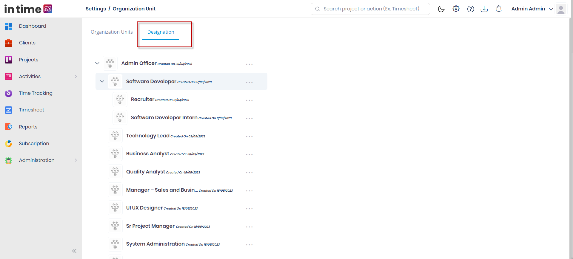 Designation tab with its tree and the selected designation's members panel